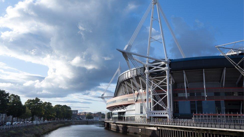 The Principality Stadium in Cardiff, by the river Taff