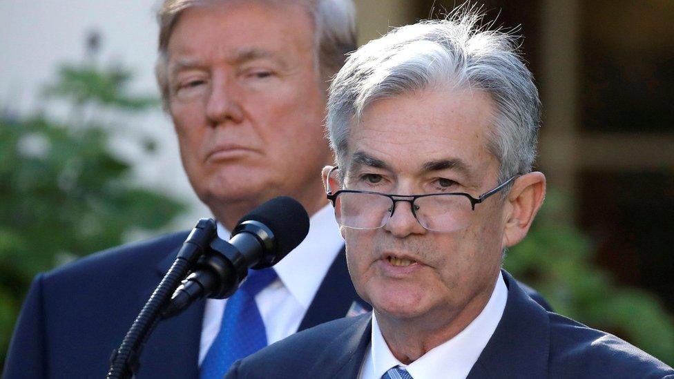 U.S. President Donald Trump looks on as Jerome Powell, his nominee to become chairman of the U.S. Federal Reserve, speaks at the White House in Washington