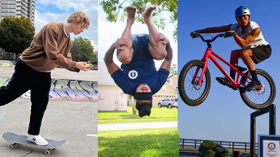 Skateboarder with a rubix cube, someone doing a somersault blindfolded and someone doing a bunny hob