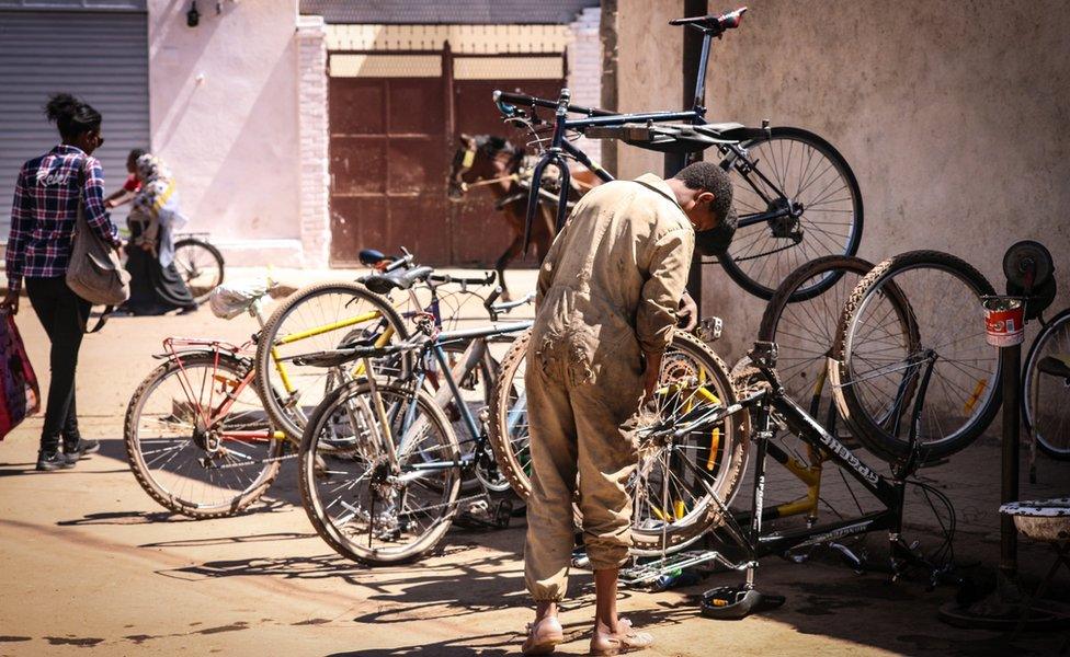 A bicycle repair stall in Asmara, Eritrea