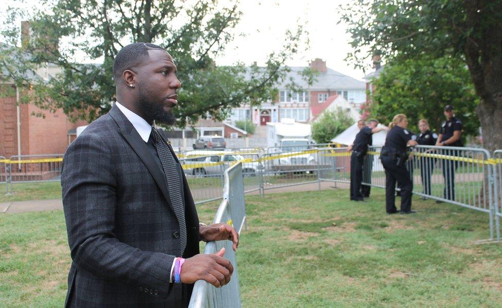 "I've been told I will be hung from this": Deputy mayor Wes Bellamy looks on at the Robert E Lee statue