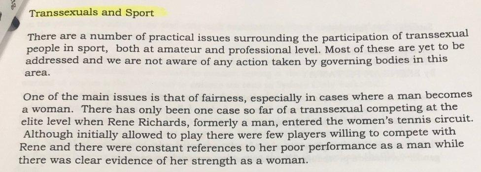 Government memos on Transgender sport