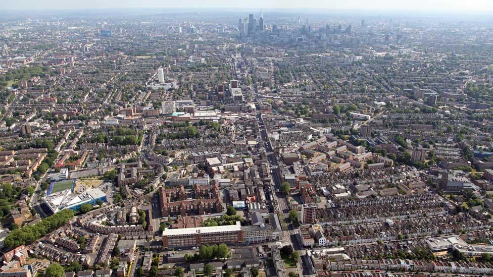 Aerial shot of London looking across Stoke Newington towards the city