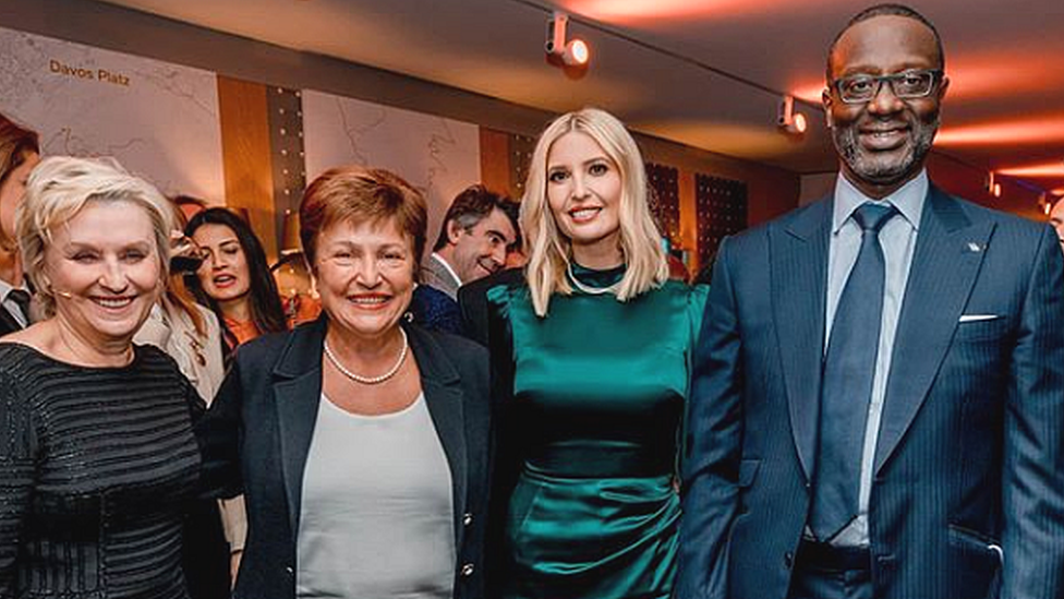 Credit Suisse boss Tidjane Thiam posted a picture of himself with (r-l) Ivanka Trump, IMF boss Kristalina Georgieva and journalist Tina Brown