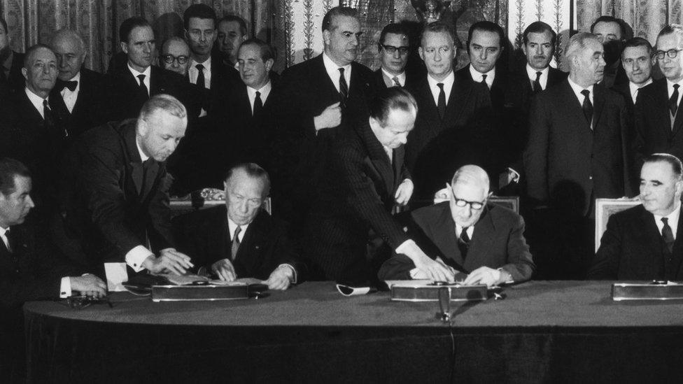 Konrad Adenauer, Chancellor Of The Federal Republic Of Germany And General De Gaulle, President Of The French Republic, Signing the Elysee Treaty