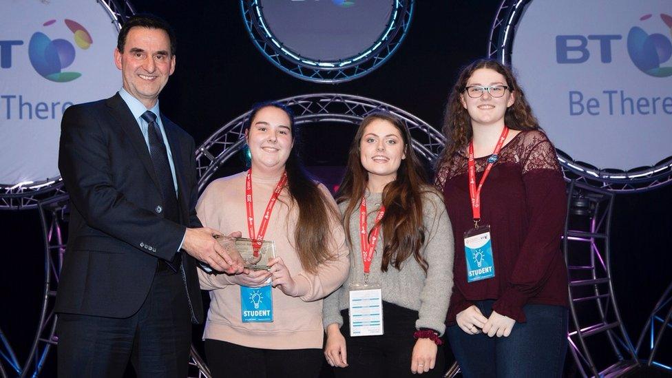 Derek Baker, Department of Education permanent secretary with Izzy McConkey, Kerri-Melissa Burns and Sarah Scannell