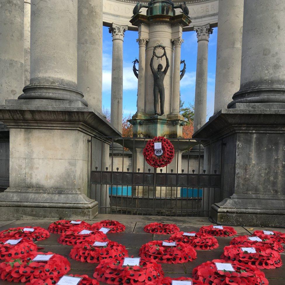 Wreaths leads on Remembrance Sunday at the Welsh National War Memorial at Alexandra Gardens, Cathays Park, in Cardiff