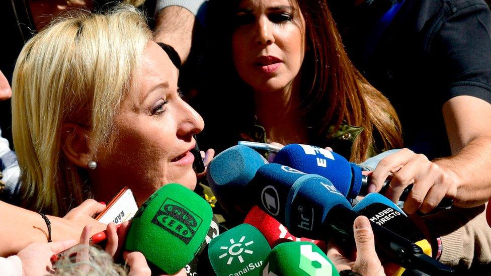 Ines Madrigal speaks to journalists outside a Madrid court after attending the reading of the verdict for the trial of the so-called "stolen babies" scandal, on 8 October