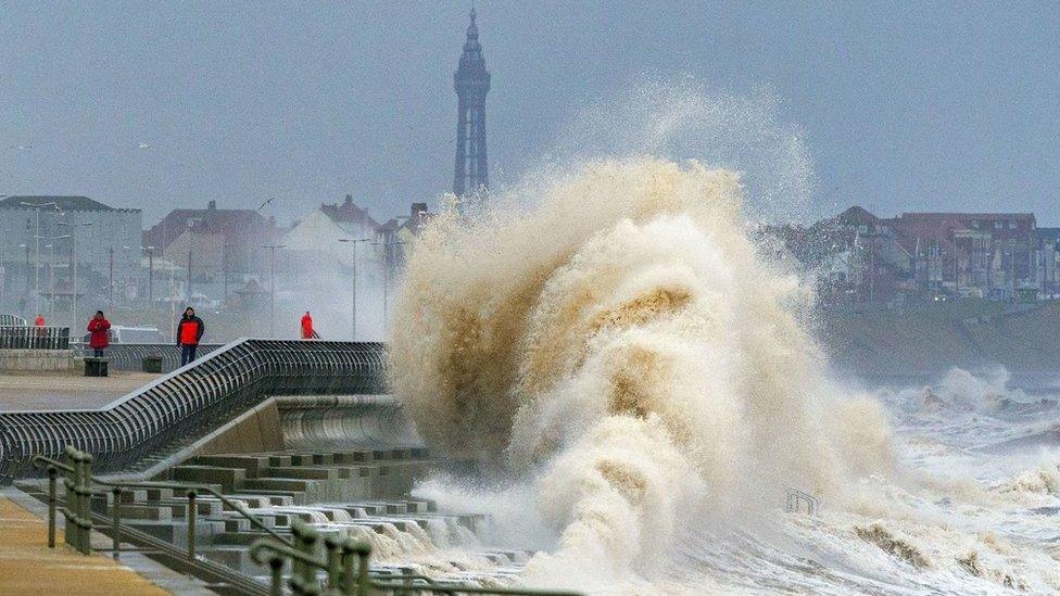 Waves crashing on the seafront at Blackpool ahead of Storm Dudley