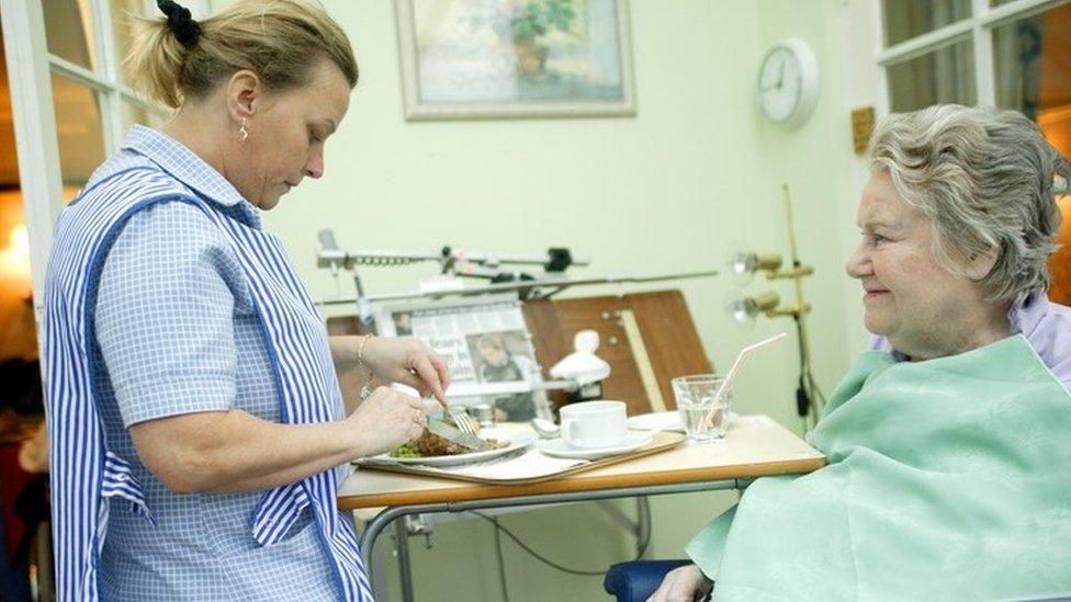 Carer in a nursing home cutting up an elderly woman's food to help her eat