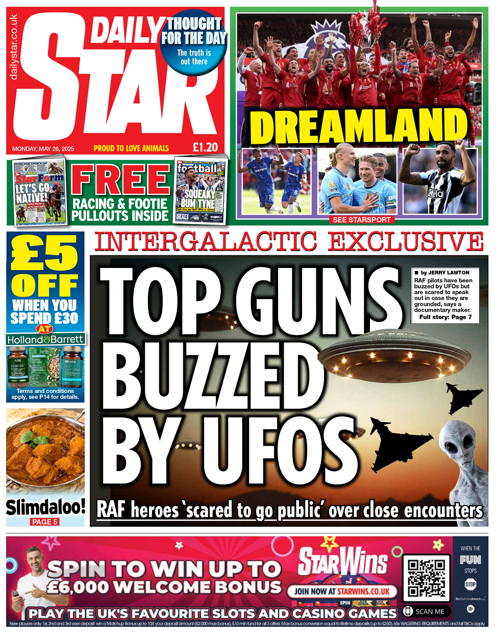 The Daily Star headline reads: Top Guns buzzed by UFOs