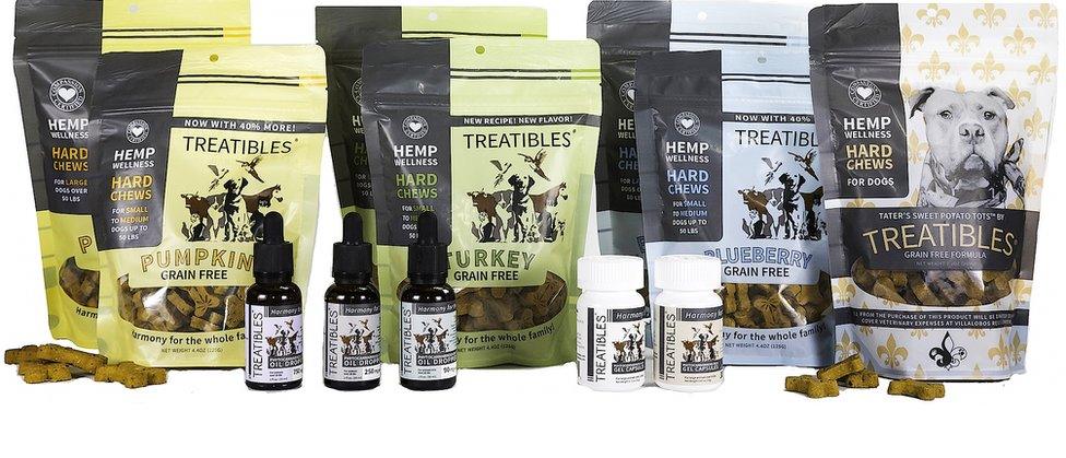 A picture showing the Treatibles product range, including pumpkin, turkey and blueberry dog treats, tinctures, and capsules