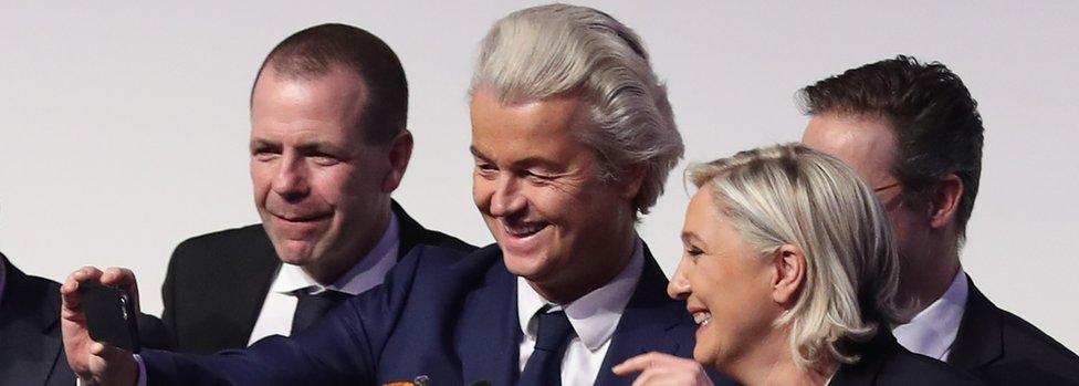 From L-R: Harald Vilimsky, General Secretary of the Austria Freedom Party, Geert Wilders, leader of the Dutch PVV party, and Marine Le Pen, leader of the French Front National, greet supporters at a conference of European right-wing parties on January 21, 2017 in Koblenz, Germany