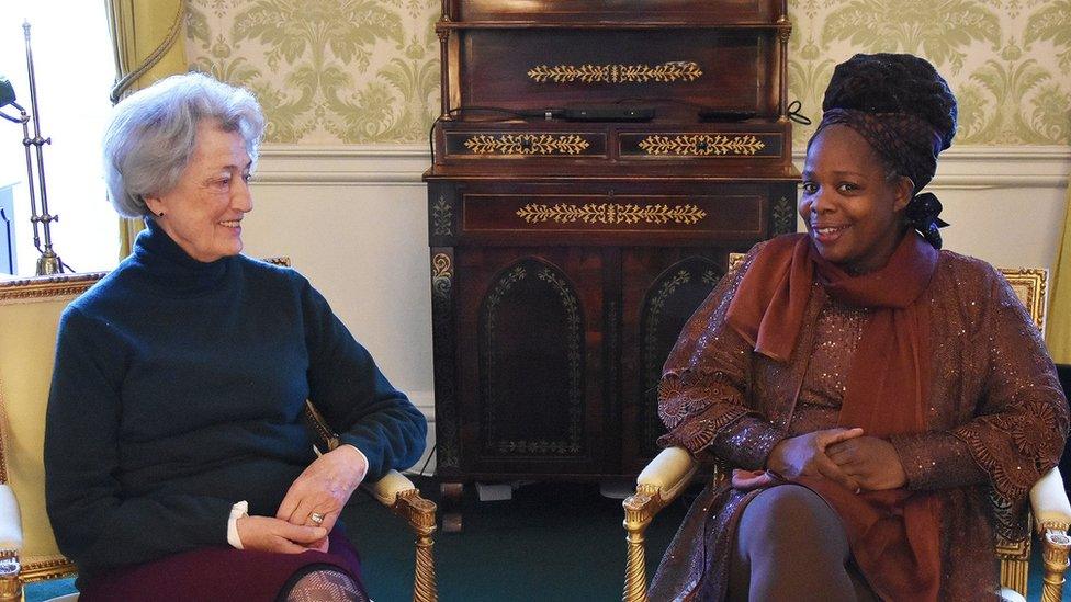 Lady Susan Hussey meeting Ngozi Fulani in Buckingham Palace