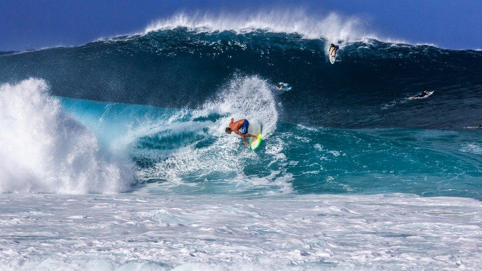 A surfer catches a wave off the coast of Hawai'i