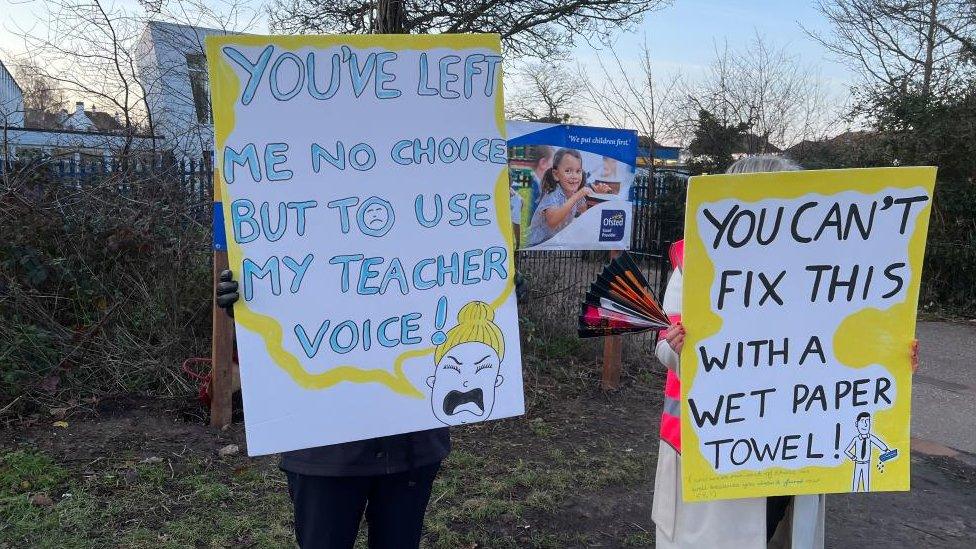 Teachers on strike outside Our Lady of Lourdes Catholic Primary School, Southend, Essex