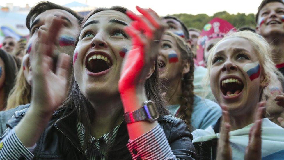 Russian fans during a public viewing of the FIFA World Cup 2018 quarter final soccer match between Russia and Croatia at the FIFA Fan Zone in St.Petersburg, Russia, 07 July 2018