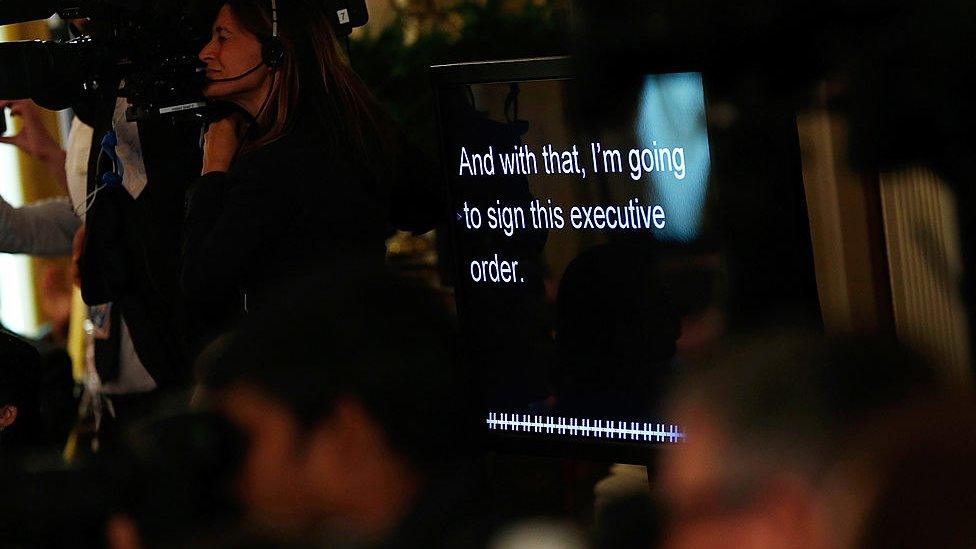 A teleprompter shows the remarks of US President Barack Obama before he signed an executive order on workplace discrimination