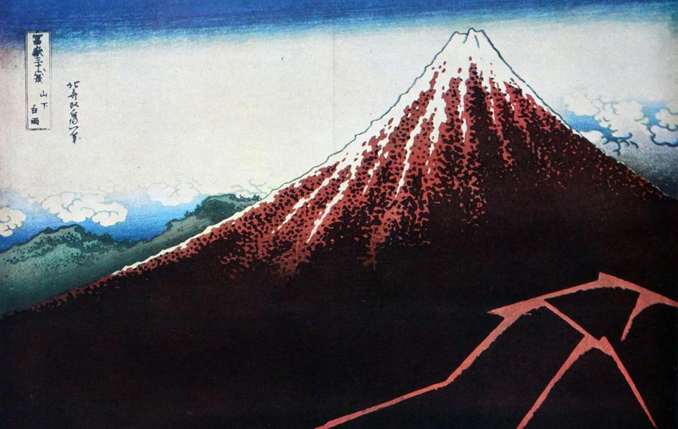 Hokusai Shower Below the Summit (Sanka hakuu), from the series "Thirty-Six Views of Mount Fuji (Fugaku sanjurokkei)", c. 1830-33