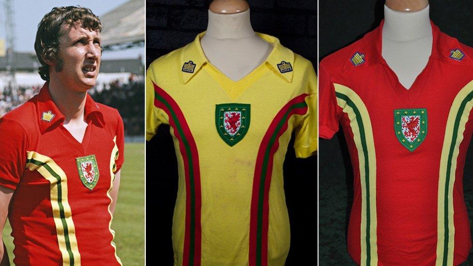 Rod Thomas (l) and the shirt we wore against Czechoslovakia in 1977 (centre) and the famous "tram-lines" kit (r) worn by John Toshack