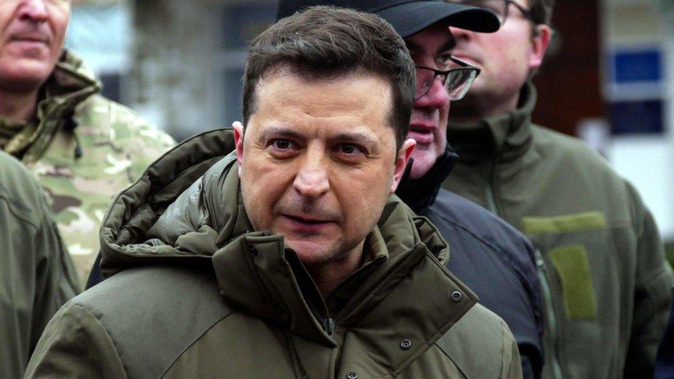 Ukraine's President Volodymyr Zelensky attends drills held by the Ministry of Internal Affairs of Ukraine on 12 Feb 2022