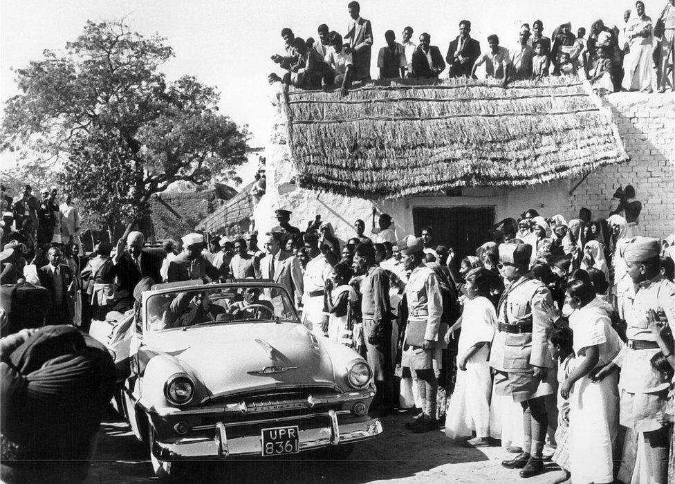 President Eisenhower drove in open car to small village to get a glimpse of rural India on December 13, 1959.