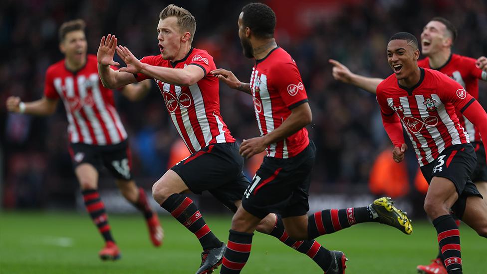 James Ward-Prowse celebrates a goal with his Southampton teammates