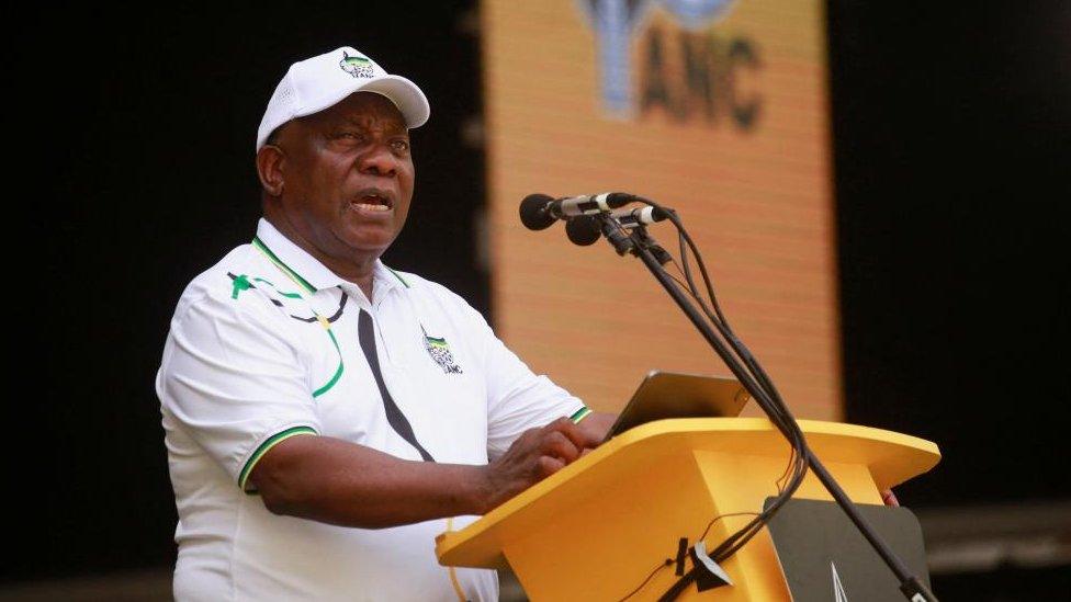 South African President Cyril Ramaphosa delivers his speech at the African National Congress Election Manifesto launch in Durban