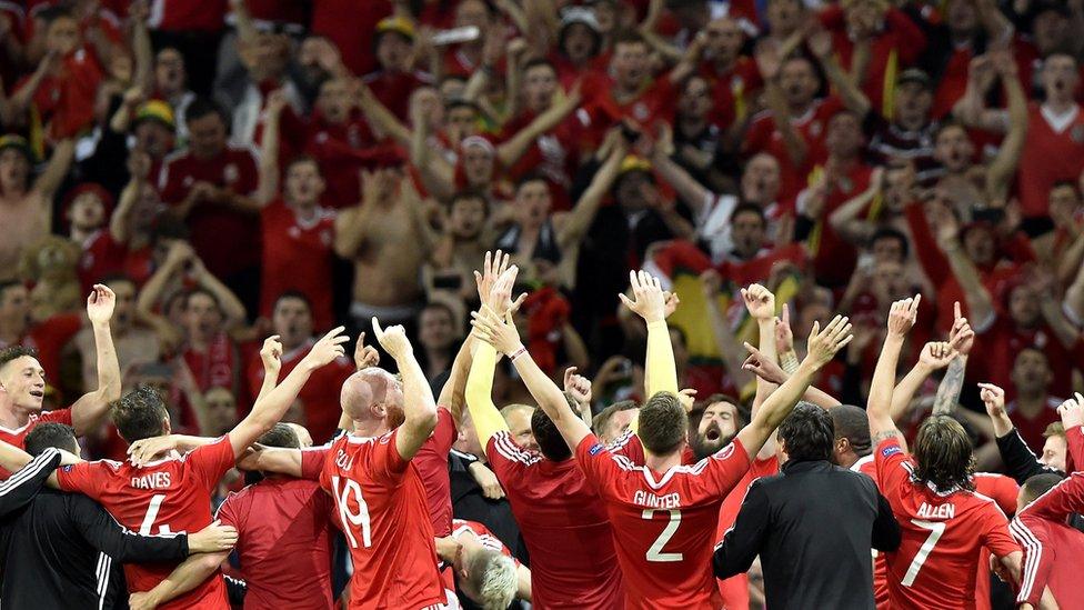 Players of Wales celebrate with fans after they won 3-1 in the UEFA EURO 2016