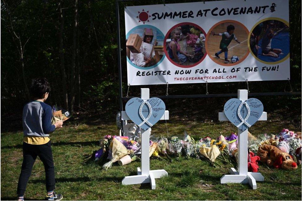 A memorial outside the school