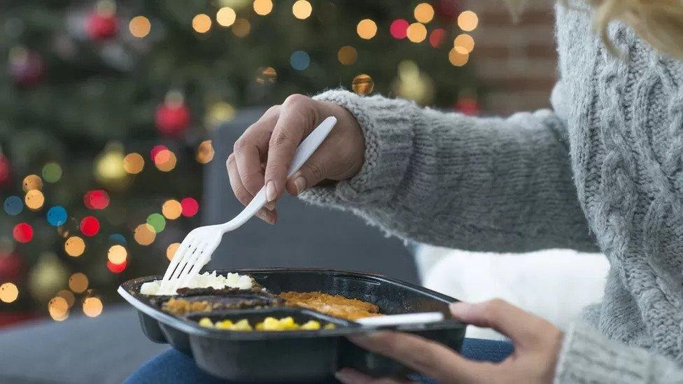 Someone eating a microwave meal with a Christmas tree in the background