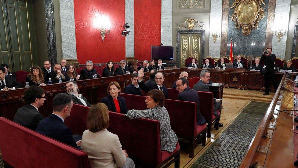 A general view shows the trial of jailed Catalan separatist leaders in Supreme Court in Madrid, Spain, February 12, 2019.