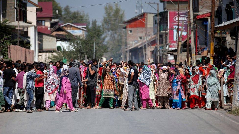 A large group of women shout anti-Indian slogans during a protest in Srinagar, against recent killings in Kashmir. Taken 18 September 2016.