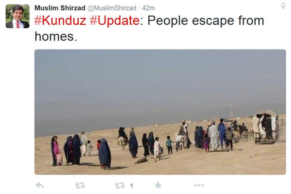 Tweet by Afghan news presenter Muslim Shirzad showing Kunduz residents fleeing