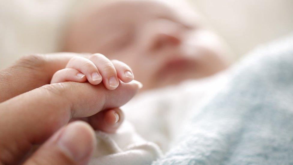 Baby holding mother's hand