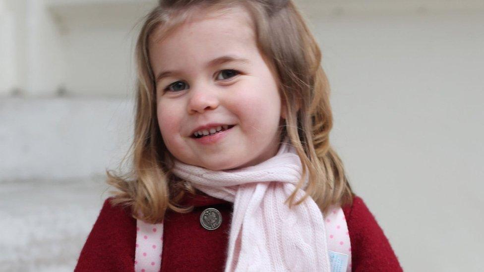 Princess Charlotte taken by her mother at Kensington Palace this morning shortly before the princess left for her first day of nursery in 2018