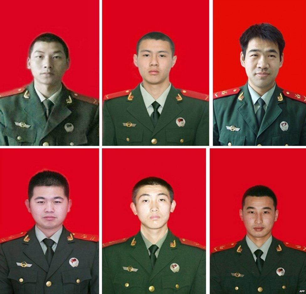 (Top L to R) Yang Gang, Yuan Hai, Shao Junqiang, and (bottom L to R) Tian Baojian, Zhen Yuhang, and Yin Yanrong who all died in the Tianjin explosions