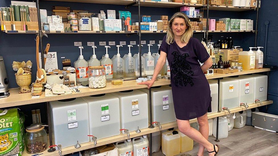 At Vita Viskackaite's shop, customers use jars to fill up on cleaning products and toiletries. She also sells plastic-free and sustainable household goods and cosmetics