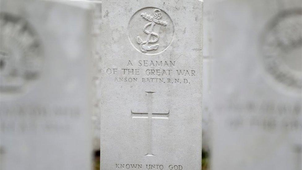 The grave stone of an unknown Seaman in Tyne Cot Commonwealth War Graves Cemetery, near to Ypres in Belgium