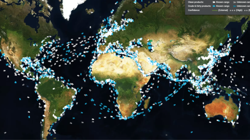 A map showing locations of mor than 5,000 tankers