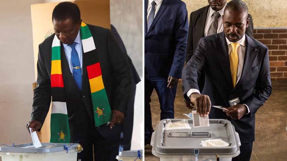 Composite picture of Emmerson Mnangagwa and Nelson Chamisa voting