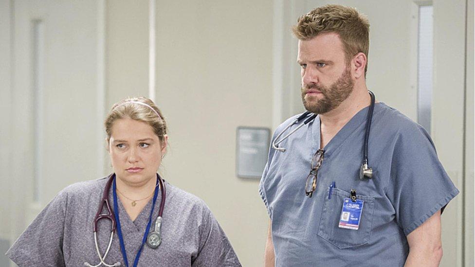 Merritt Wever won an Emmy Award for her performance as Zoe on Nurse Jackie (seen here with Stephen Wallem)