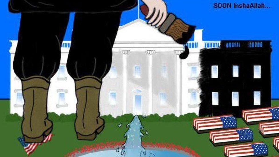 Titled "Soon Inshallah" - or "soon God willing" - this cartoon shows an IS soldier painting the US White House black. Coffins draped in the US flag line the lawn. Cartoon images like these are more difficult for social media sites to pull down as they are not alerted to them as quickly as violent photographs.