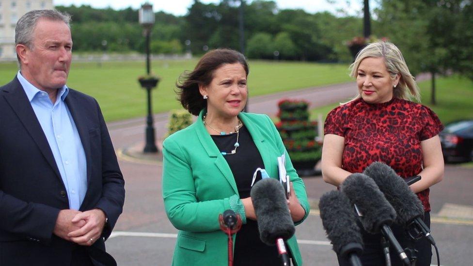 Sinn Fein President Mary Lou McDonald (centre) accompanied by Michelle O'Neill and Conor Murphy, talking to media ahead of a meeting with NI Secretary Brandon Lewis.