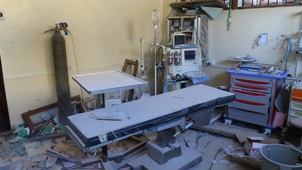 A damaged operating room at a medical facility damaged in a reported air strike on the rebel-held town of Atareb, Syria, on 15 November 2016