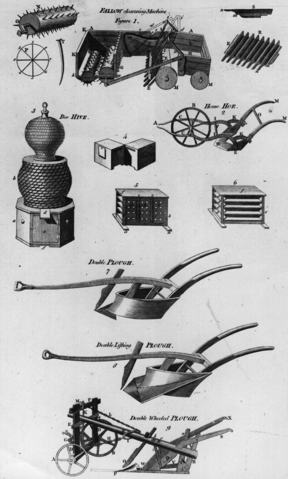 Technical drawing of machinery and equipment used in agriculture and husbandry, circa 1830