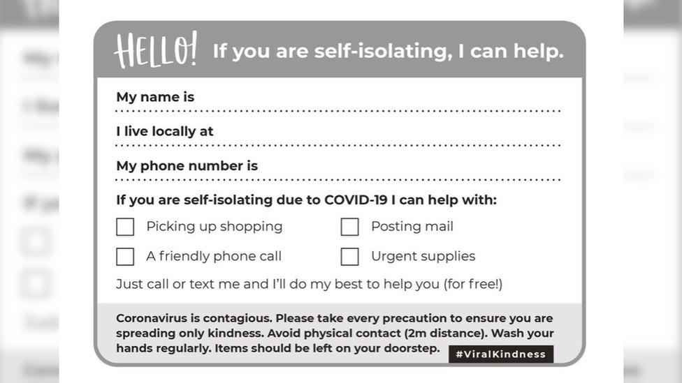 Postcard reads: Hello! If you are self-isolating, I can help.