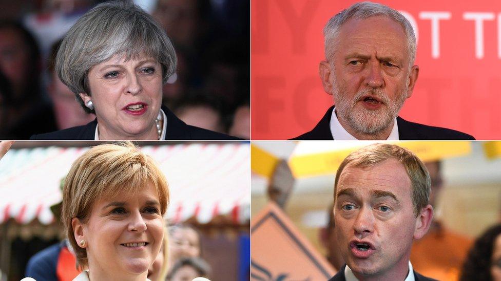 (Clockwise from top left) Theresa May, Jeremy Corbyn, Tim Farron, Nicola Sturgeon