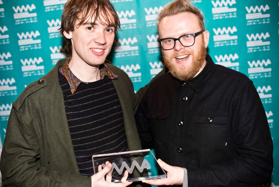 Meilyr Jones with prize co-founder Huw Stephens