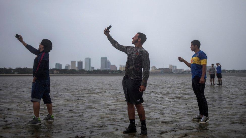 People in Tampa take photographs in drained bay with skyline in background